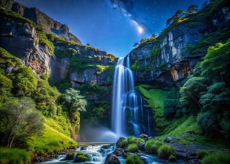Stunning High Mountain Waterfall Landscape with Lush Greenery and Clear Blue Sky