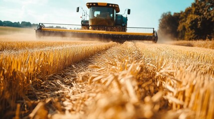 Obraz premium Close-up of organic grain harvesting process featuring golden wheat fields, modern agricultural machinery, and sustainable farming methods for high-quality crop production