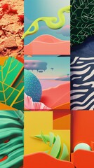 Abstract colorful composition featuring varied textures and shapes, including organic forms and geometric patterns against a bright background Ideal for modern design concepts