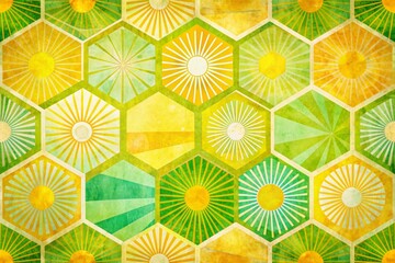 Colorful Whimsical Geometric Illustration with Stylized Hexagons and Intricate Patterns Design