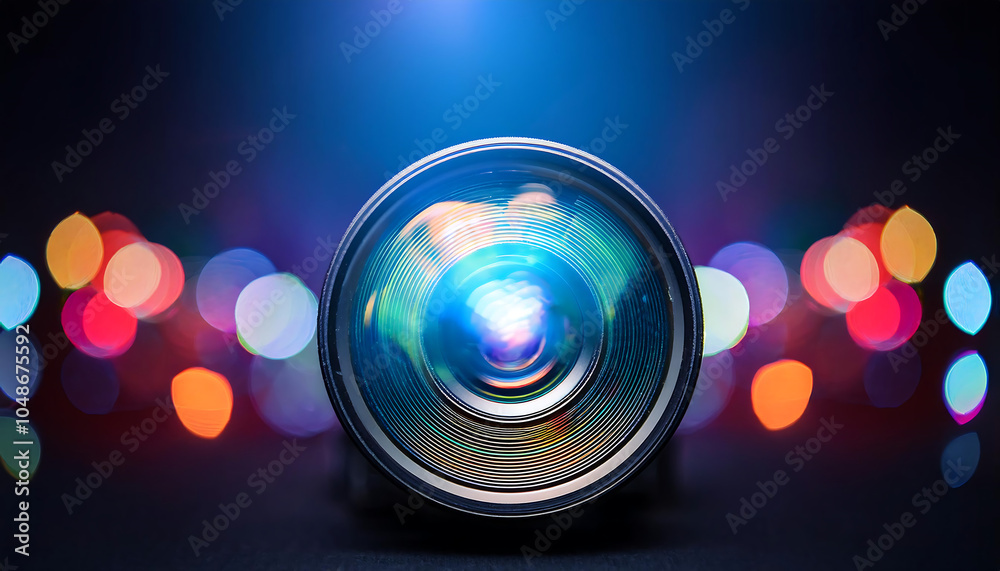 Poster colorful light glows through lens, creating an abstract effect with flashes of optic spotli_1(138)