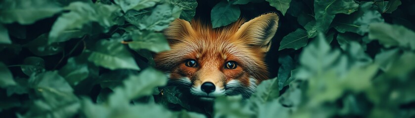 Fototapeta premium Vibrant red fox curiously peering through dense green foliage