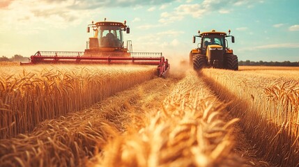 Obraz premium Combine harvester and tractor working together in a golden wheat field during harvest season, showcasing the beauty of agricultural machinery and the bounty of rural farming life
