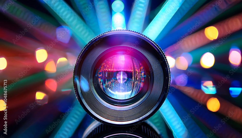 Poster Colorful light glows through lens, creating an abstract effect with flashes of optic spotli_1(137)