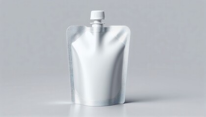  A white stand-up pouch with a silver metallic finish, featuring a white cap and spout,  A clean, minimalist design mockup for showcasing liquid product