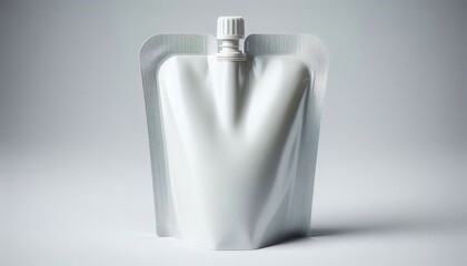 A white stand-up pouch with a silver metallic finish, featuring a white cap and spout. Minimalist packaging mockup for showcasing liquid products.
