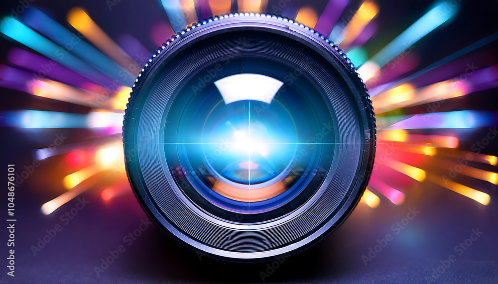 Poster Colorful light glows through lens, creating an abstract effect with flashes of optic spotli_1(134)