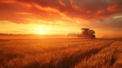 Fototapeta premium Combine harvester harvesting golden wheat in a vast field at sunset with dramatic orange sky, capturing the essence of agriculture, farming, and the richness of a bountiful harvest season