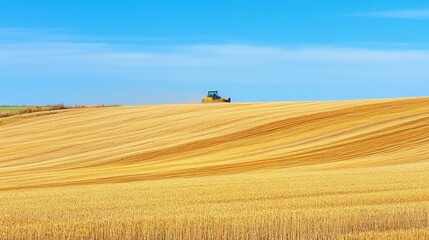 Obraz premium Autumn wheat harvest in north dakota featuring combine harvesters working in golden fields under clear blue skies, showcasing american farming and agriculture in a vast rural landscape