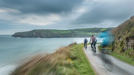 Obraz premium Blurry Cyclists on a Coastal Road with Cloudy Sky and a Cliff in the Distance