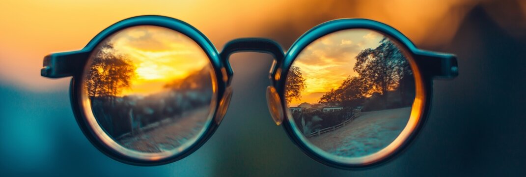 Eyeglasses capturing a stunning sunset view with clear landscapes in vibrant and surreal colors.