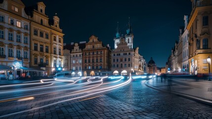 Obraz premium The beauty of an old town square truly shines at night adorned by the interwoven car light trails.