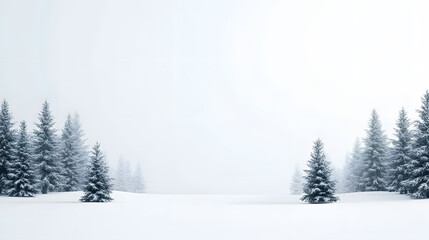 Fototapeta premium A snowy winter landscape featuring a decorated Christmas tree among fir trees, with a clear blue sky and frost-covered ground