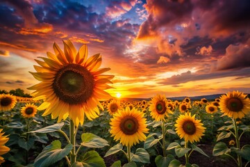 Fototapeta premium Stunning Silhouette of a Sunflower Meadow at Sunset for Nature Lovers and Garden Enthusiasts