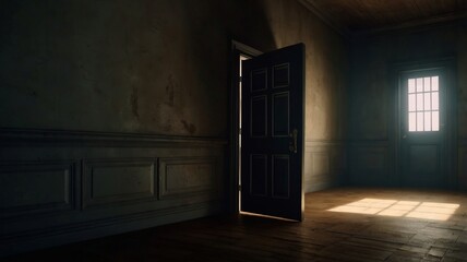 Obraz premium view of a dark room, light coming in through doors and windows. generative ai