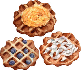 Hand-drawn watercolor illustration of waffles topped with blueberries, coconut, and golden threads.