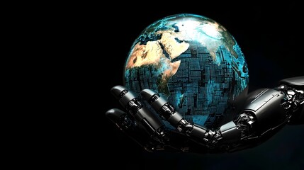 Fototapeta premium Robotic Hand Holding a Globe Symbolizing Global Technology Impact and Innovation