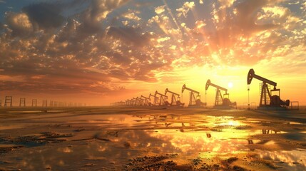 Oil Pumps Silhouetted Against a Dramatic Sunset