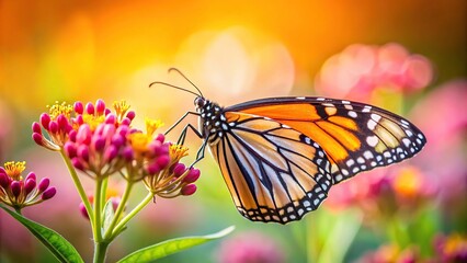 Fototapeta premium A close-up of a colorful monarch butterfly perched on a delicate flower, insect, floral, butterfly, wildlife