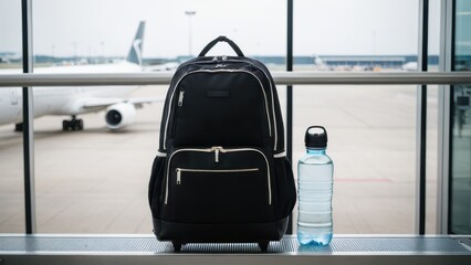 A sleek black travel backpack on wheels stands ready for a journey, positioned in front of large airport windows overlooking the runway, serving as perfect carry-on luggage.