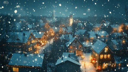 Snowy evening in cozy town with lit houses and falling flakes