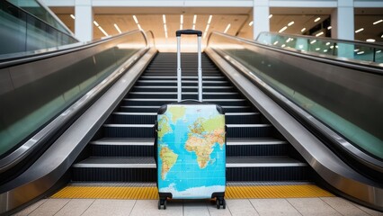 Luggage ready for travel, waiting at the airport near escalators. The combination of a stylish black suitcase and a vibrant map-themed one evokes a sense of adventure and exploration.