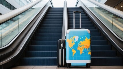 Luggage ready for travel, waiting at the airport near escalators. The combination of a stylish black suitcase and a vibrant map-themed one evokes a sense of adventure and exploration.