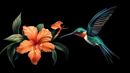 Fototapeta premium Hummingbird Long-tailed Sylph, Aglaiocercus kingi with orange flower, in flight. Hummingbird from Colombia in the bloom flower, wildlife from tropic jungle.