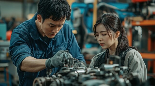 Young Factory Manager Training Mechanic Apprentice: Engineering Skills for the Future