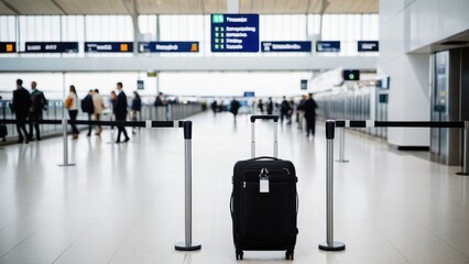 Obraz premium A travel suitcase positioned in the heart of a modern airport terminal, capturing the essence of travel, organization, and anticipation before the flight.