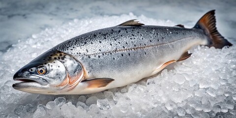 Fototapeta premium A dripping salmon lies on a bed of ice in a cold kitchen, dripping, frozen