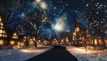 Fototapeta premium Snowy winter village street with twinkling lights and a starry sky.
