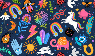 cute colorful good luck charms items seamless repeat pattern  featuring rainbow, horseshoe, hamsa, hare, evil eye, elephant, clover, pig, crystals  on dark navy blue background