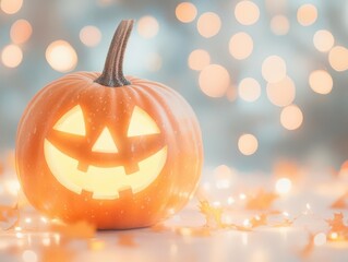 halloween-themed image presenting a cheerful pumpkin against a bokeh background filled with soft lights, creating a whimsical atmosphere with space for text