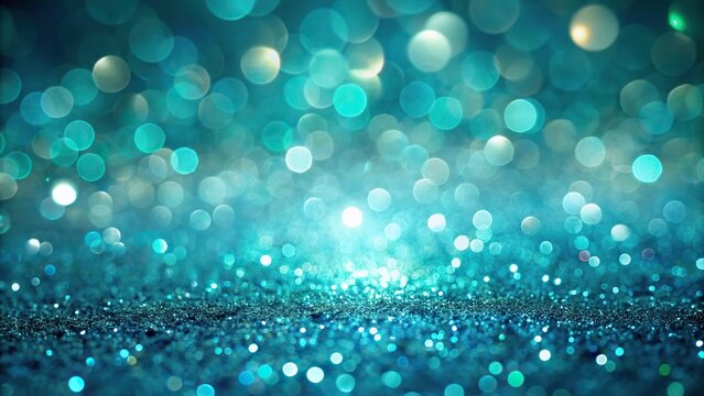 Turquoise glitter defocused twinkly lights resembling a tranquil dawn close-up