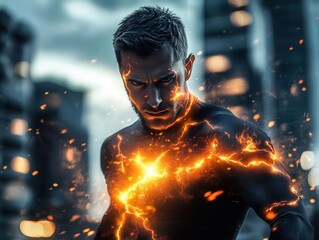 heroic superhero portrait featuring a determined man with glowing orange energy radiating from his body, set against a dramatic urban backdrop, evoking a sense of strength and readiness for action