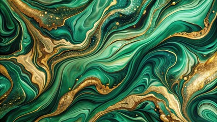 Abstract Swirling Green and Gold Liquid Marble Texture