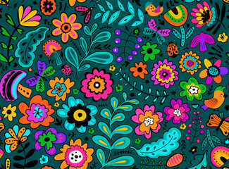 bright mexican floral botanical seamless pattern in teal, aqua pink, orange, green, yellow, vector illustration folk art  cute naive colorful repeat design