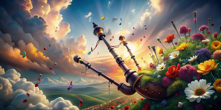 Surreal Scene of Biniou Koz - Traditional French Bagpipes in Dreamlike Landscape