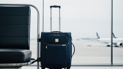 Fototapeta premium A suitcase stands upright next to an airport lounge chair by a large window, with airplanes visible in the background. This scene captures the essence of waiting for a flight.