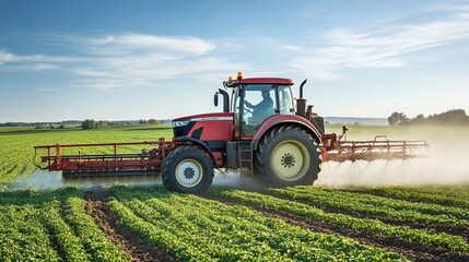 Fototapeta premium Tractor spraying pesticides over lush green soybean field in rural landscape, highlighting modern farming techniques and agricultural practices for crop protection and pest management