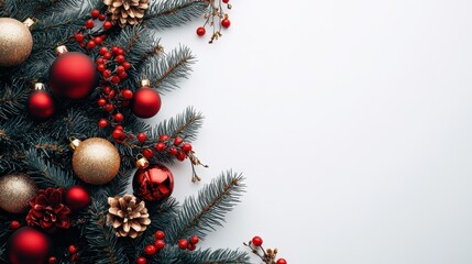 Fir tree Christmas frame, red gold Christmas decorations on white background. Copy space. New Year