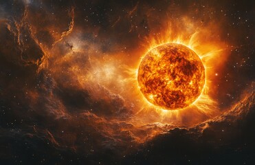 Fototapeta premium Realistic Sun with Solar Flares on Starry Background in Space