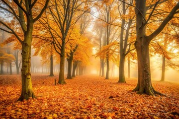 Fototapeta premium A misty morning scene with a few trees standing tall amidst a blanket of fallen leaves in shades of yellow and orange, forest floor, autumn foliage, fall leaves, soft light
