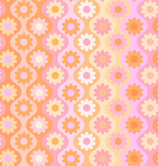 retro daisy happy flower power hippie blooms in ogee seamless pattern in warm soft pastel pink beige yellow cream orange colors