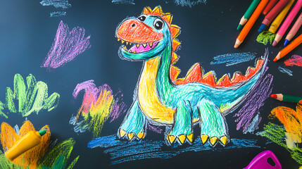 Obraz premium A simple, fun drawing of a dinosaur for kids, with a rounded body, big eyes, short legs, and a friendly smile. 