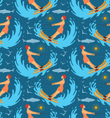 woman riding waterski, retro repeat seamless pattern, vector illustration design print