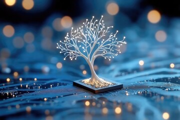 A tree of light growing from a microchip, symbolizing the fusion of organic ideas and digital technology