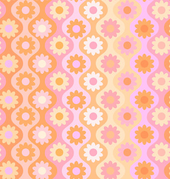Fototapeta retro daisy happy flower power hippie blooms in ogee seamless pattern in warm soft pastel pink beige yellow cream orange colors