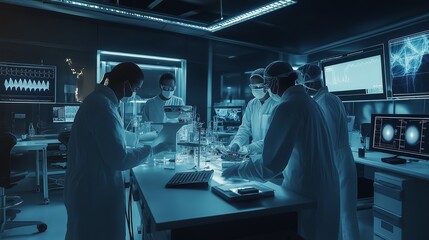 Obraz premium medical researchers working in a high-tech laboratory, surrounded by advanced equipment
